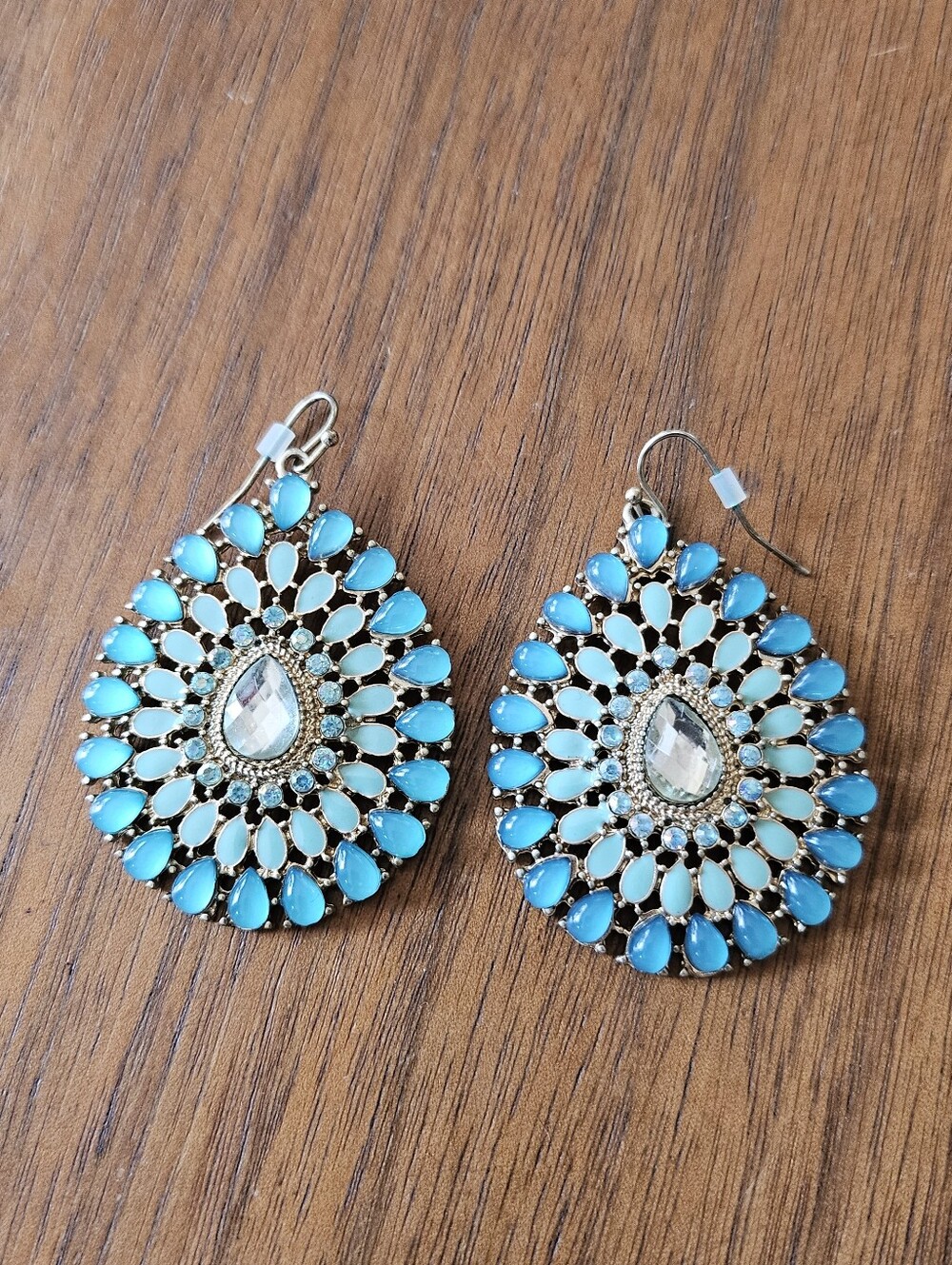 Turquoise Color Clear Glass Bead Teardrop Bohemian Hippie Statement Earrings